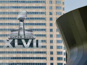 Building wrap on NFL Headquarters at the Hyatt Hotel (AP Photo/Patrick Semansky)