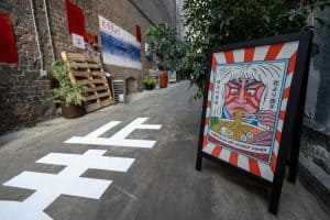 Concrete decals, a-frame insert, posters and heat applied graphics/brick decal- House of Suntory activation with Gradient Experiential (Bryce Ell Photography)