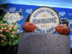 Podium sign and drum graphics for Super Bowl LIX