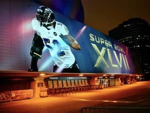 Super Bowl XLVII  building wrap on the exterior of the Mercedes-Benz Superdome 