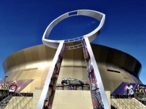 Graphic wraps for Super Bowl XLVII outside the Mercedes Superdome