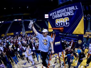Troy during the Championship Game of the 2025 Sun Belt Conference Men’s Basketball Championships between Troy and Arkansas State at Pensacola Bay Center on March 10, 2025 in Pensacola, Florida. (Photograph by AJ Henderson / Sun Belt Conference)