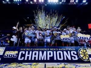 Troy during the Championship Game of the 2025 Sun Belt Conference Men’s Basketball Championships between Troy and Arkansas State at Pensacola Bay Center on March 10, 2025 in Pensacola, Florida. (Photograph by AJ Henderson / Sun Belt Conference)
